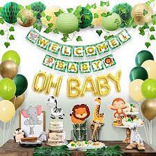 If you can't make something decorative entirely out of diapers for a baby shower then when else can you? Sweet Baby Co Jungle Theme Safari Baby Shower Decorations With Banner Animal Centerpieces Tropical Leaves Greenery Garland Lantern Pom Poms Oh Baby Balloons Neutral Party Supplies For Boy Girl Buy Online At