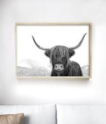 Large Highland Cow Print Black And White Cow Art Farm Animal Etsy In 2021 Cow Art Print Cow Wall Art Cow Art