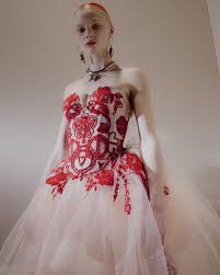 Alexander Mcqueen A Blush Tulle Dress With Red Embroidery The Embroidery Is Inspired By Welsh Folklore And Traditional Red Work An In 2020 Tulle Dress Dresses Gowns