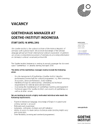 Sam ratulangi, jakarta, 10350, indonesia. Vacancy Goethehaus Manager At Goethe Institut Indonesia Indonesia Germany