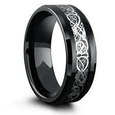 Silver Tungsten Wedding Ring With Celtic Inlay Design Celtic Wedding Rings Black Tungsten Wedding Band Celtic Wedding