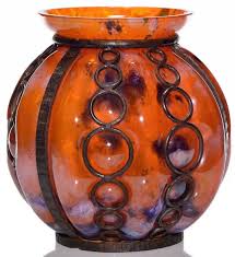 Andre Delatte Art Deco Vase The Orange And Cobalt Glass Blown Into A Decorative Wrought Iron