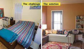 I also added a hanging light and a wall shelf in front of the treadmill. Creating Room For Guests And A Treadmill In A Small Bedroom Small Bedroom Small Guest Room Treadmill In Bedroom Ideas