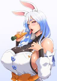 toguchi masaya, pekomama, hololive, highres, 1girl, animal ear fluff,  animal ears, black bodysuit, blue hair, blush, bodysuit, braid, braided  ponytail, breasts, carrot, carrot hair ornament, fellatio, fellatio  gesture, food, food-themed hair ornament,