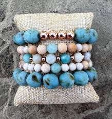 Women's Turquoise and Rose Gold Handmade Bracelet Stack, Gemstone and  African Recycled Glass Beaded Bracelet, Women's Boho Bracelet