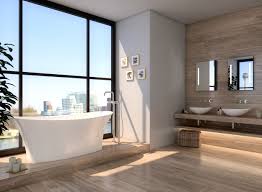 Die Freistehende Badewanne Und Armatur Von Treos Kombiniert Mit Fliesen Aus Holzoptik Vor Der Skyline Von Dussel Badezimmer Holz Badewanne Badezimmer Gestalten