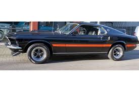 The 1974 mustang mach 1 offered styled steel wheels with chrome trim rings, remote control racing mirrors, and unique paint tape treatment on the newly designed hatchback body style. Ford Mustang Mach 1 Fastback Bj 1969 Schwarz Nr Classic Car Collection Stuttgart