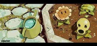 hightguy, melon-pult (plants vs. zombies), peashooter (plants vs. zombies),  sunflower (plants vs. zombies), plants vs. zombies, highres, garden, no  humans, plant, smile, soil, water - Image View - | Gelbooru - Anime
