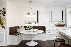 White And Brown Dining Nook Is Filled With An L Shaped Built In Banquette Lined With Brown V Dining Room Remodel Kitchen Banquette Banquette Seating In Kitchen