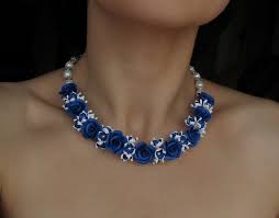 Wedding Flowers Jewelry Set Statement Necklace With Blue Navy Roses Floral Jewelry Set Gift For Her Morecolorsets Wedding Flower Jewelry Clay Jewelry Jewelry