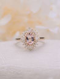 Vintage Morganite Engagement Ring Oval Morganite Ring Art Deco Ring Unique Yellow Gold Ring Halo Baguette Ring Bridal Set Anniversary Gift Wedding Rings Unique Engagement Morganite Engagement Ring Vintage Unique Yellow