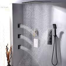 Thermostatic Matte Black Shower System 20 Large Rainfall Shower Head With Hand Shower And 3 Body Jets In 2021 Rain Shower System Rain Shower Head Ceiling Rain Shower Bathroom