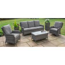 This rounded sofa is available in either brown or grey colouring and features flat weave rattan woven onto a decorative aluminium frame. Maze Rattan Victoria High Back 3 Seat Sofa Set