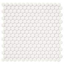 Penny tiles have a retro vibe, but they can be used in ways that minimize the look, such as on a shower floor or as kitchen backsplash tile. Mohawk Vivant Gloss White 12 X 13 Porcelain Mosaic Tile At Menards