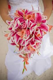 Handmade roses in peachy shades of coral & champagne. Pink And Coral Stargazer Lily Bouquet Tropical Beach Wedding Flowers Weddings At Repinned Net