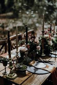 Table Tablescape Decor Black Gold Candles Flowers Modern Gothic Woods Wedding Ideas Ayelle Photography Wedding Wedding Table Gothic Wedding Halloween Wedding