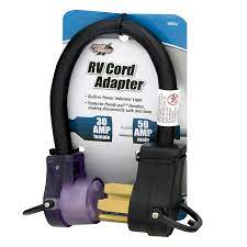 I purchased a a big, yellow adapter that is a 50 amp male with two 30 amp females. Road Power 09554 90 08 10 3 Gauge 30 50 Amp Rv Adapter Power Cord 18 Inches Walmart Com Walmart Com