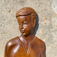 Pair of MCM Hand Carved Hardwood Wall Plaques Wheat Harvesters