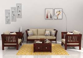 Raiden Wooden Sofa Set Crafted From Sheesham Wood And Finished With A Mahogany Finish Will Add A Commendable Look To Yo Wooden Sofa Set Wooden Sofa Sofa Set
