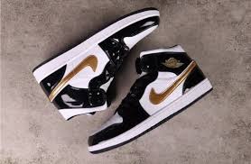 Air Jordan 1 Mid Patent Black White Gold Air Jordan 1 Mid Patent Black White Gold 852542 007 In 2020 Black And Gold Shoes Air Jordans Jordan 1 Mid