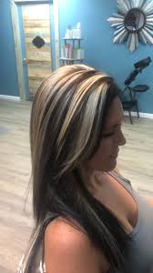 This chunky blue highlights on brown hair work so perfectly. Dark And Blonde Chunky Hilites By Katie Hair Color Highlights Blonde Highlights On Dark Hair Dark Hair With Highlights
