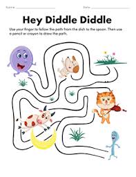 (part 1) 3 part cards , which one is different?, what comes next?, prewriting practice, pattern cards read, roll & count, words from hey diddle diddle poem, (part 2) color the pattern, fill in the pattern, small book, finger puppets, roll & cover. Maze Mania Hey Diddle Diddle Worksheet Education Com