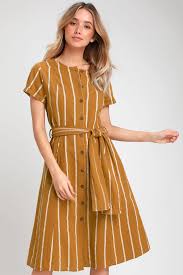Epitome Dark Mustard Yellow Striped Midi Shirt Dress Yellow Striped Dress Midi Shirt Dress Modest Dresses