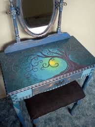 Hand Painted Vanity Mirror And Bench Shabby Chic Artistic Funky Ooak Blue Black Unique Painted Furniture Funky Painted Furniture Hand Painted Furniture