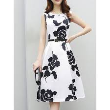 Black White Round Neck Belt Floral Skater Dress Product Name Black White Round Neck Belt Floral Skater Dressweight 269 G Sleeve Sleevelessma Floral Skater Dress Dresses Skater Dress