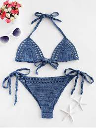 Che copra completamente o solo una parte del bikini o del costume intero, l'uncinetto multicolore o a tinta unita è un tessuto che oscilla tra femminilità e retrò. 30 Off 2021 Costume Da Bagno Bikini All Uncinetto Con Halter Di Blu Seta Zaful Italia