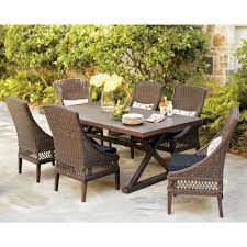 Hampton Bay Woodbury Dark Brown 7 Piece Wicker Outdoor Patio Dining Set With Cushionguard Sky Blue Cushions H162 01196400 The Home Depot Patio Dining Furniture Patio Dining Set Patio Furniture Sets
