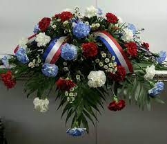 Red, white, and blue spray | memorial flowers, funeral. Red White And Blue Casket Spray Nru Casket Sprays Funeral Flowers Red Flowers