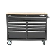 Husky 46 In 9 Drawer Mobile Workbench With Solid Wood Top Black 7440946r At The Home Depot Mobil Mobile Workbench Workbench With Drawers Wood Top Workbench