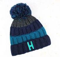 Personalised Initial Blue Striped Knitted Bobble Hat