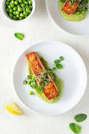 Seared Salmon And Pea Puree With Yogurt Mint My Three Seasons Recipe Salmon Dishes Fine Dining Recipes Gourmet Food Plating