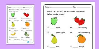 Second grade worksheets and printables. A Or An Worksheet Fruit Ks1 Teacher Made