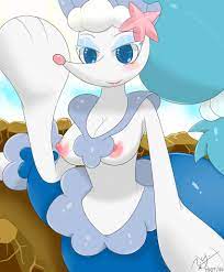 1girls areolae armpits blue eyes blush breasts eyewear female  furry half-closed eyes nintendo nipples nude outdoors pokemon pokemon sm  primarina sblueicecream seductive smile solo text white skin 