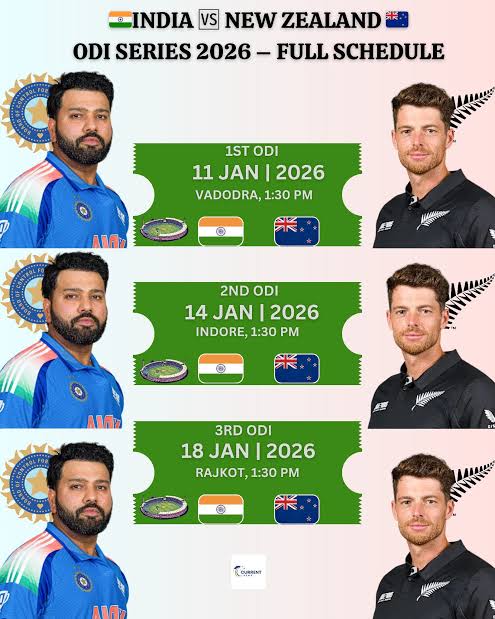 🇮🇳 India 🆚 new Zealand 🇳🇿 odi series 2026 – full schedule 🏏🔥 1️⃣ 1st  ODI – 11 Jan 2026 | Vadodara | ⏰ 1:30 PM 2️⃣ 2nd ODI – 14 Jan 2026 | Indore  | ⏰ 1:30 PM 3️⃣ 3rd ODI – 18 Jan 2026 | Rajkot | ⏰ 1:3