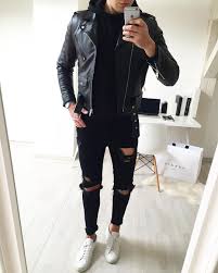 Leather Jacket And Black Ripped Jeans White Jeans Men Ripped Jeans Men Ripped Jeans Outfit