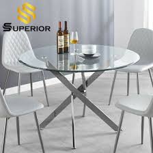 47.2 inches metal frame dining table with braces, brown and black. China Home Metal Small Round Shape Transparent Glass Dining Room Table China Restaurant Table Stainless Steel Dining Table