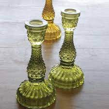 Pair Of Moss Green Glass Candle Holder