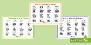 Adverbs of manner help us give a lot of detail to actions and can make us much more expressive. Adverbs Of Manner List Pdf Poster Years 3 6 Twinkl