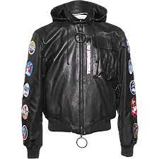 Off White C O Virgil Abloh Leather Patch Black Leather Jacket With 8 420 Sar Liked Custom Leather Jackets Leather Jacket Men Leather Jacket With Hood