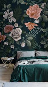 Dark Green Pink Floral Wallpaper Mural Murals Wallpaper In 2020 Green Wallpaper Bedroom Green Master Bedroom Dark Green Rooms