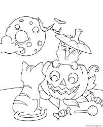 Cat and skeleton say hi. Cats And Jack O Lantern Halloween Coloring Pages Printable