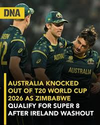 Australia were eliminated from the group stage of the T20 World Cup 2026  after Zimbabwe and Ireland's match was abandoned due to rain; Australia  failed to reach the Super 8 stage for