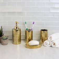 Home Basics High Gloss Textured Ceramic Modern 4 Piece Bath Accessory Set In Gold Ba41872 The Home Depot Gold Bathroom Accessories Bathroom Accessories Sets Bathroom Accessories