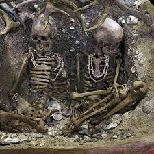 Skeletons of two women excavated from a tomb on the French island of Teviec. The bodies were covered with landfill debris about 6500 years ago and carefully buried under a roof of