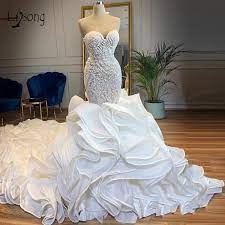 Casamento 2019 Sparkle Crystal Mermaid Wedding Dresses Lush Bottom Ruffles Bridal G Mermaid Wedding Dress With Sleeves Wedding Gowns Mermaid Ruffle Bridal Gown