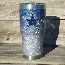 Dallas Cowboys Glitter Yeti Rtic Cup Tumbler Stainless Steel 30 Oz Rtic Tumbler Ombre Blue To Silver With Glitter Star Decal Glitter Tumbler Cups Glitter Yeti Glitter Cups